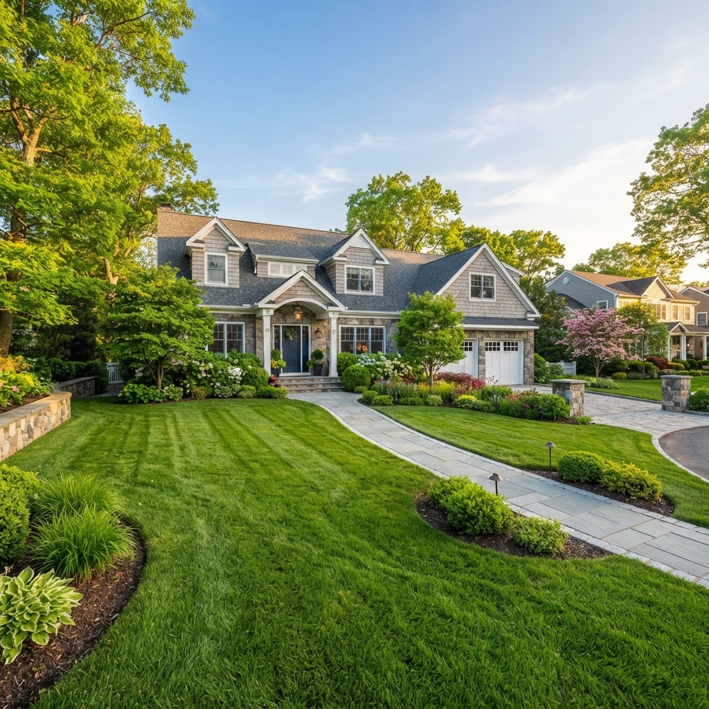 Professionally landscaped Long Island suburban property with a manicured lawn